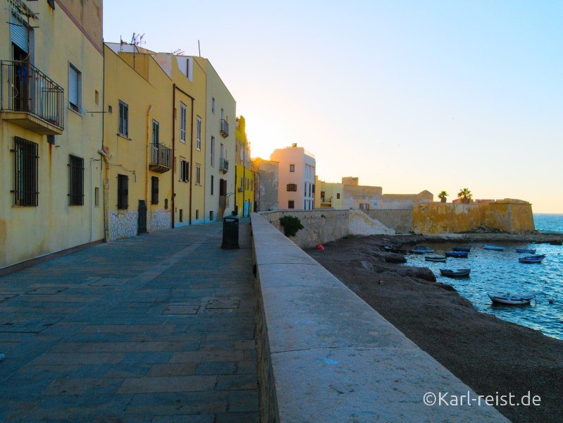 Trapani Sizilien Italien Sonnenuntergang Küste Stadtmauer